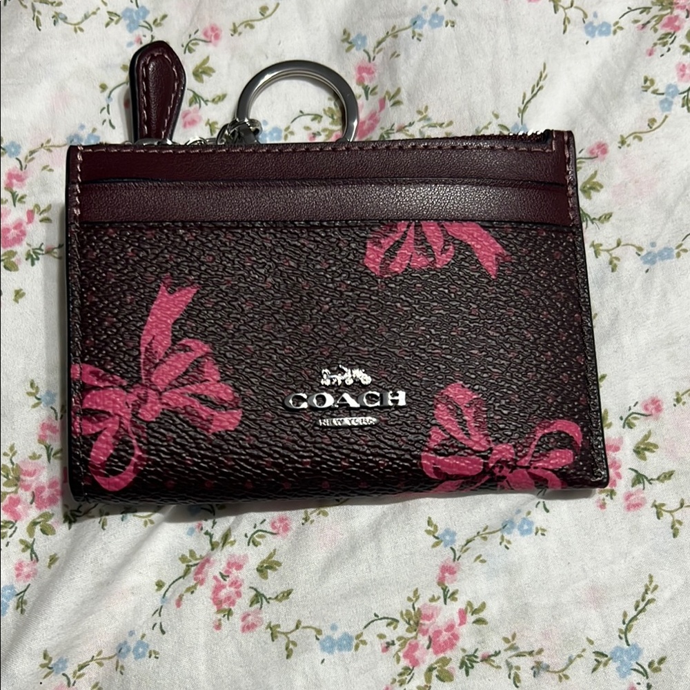 Coach Burgundy Card Holder with Pink Bow Design